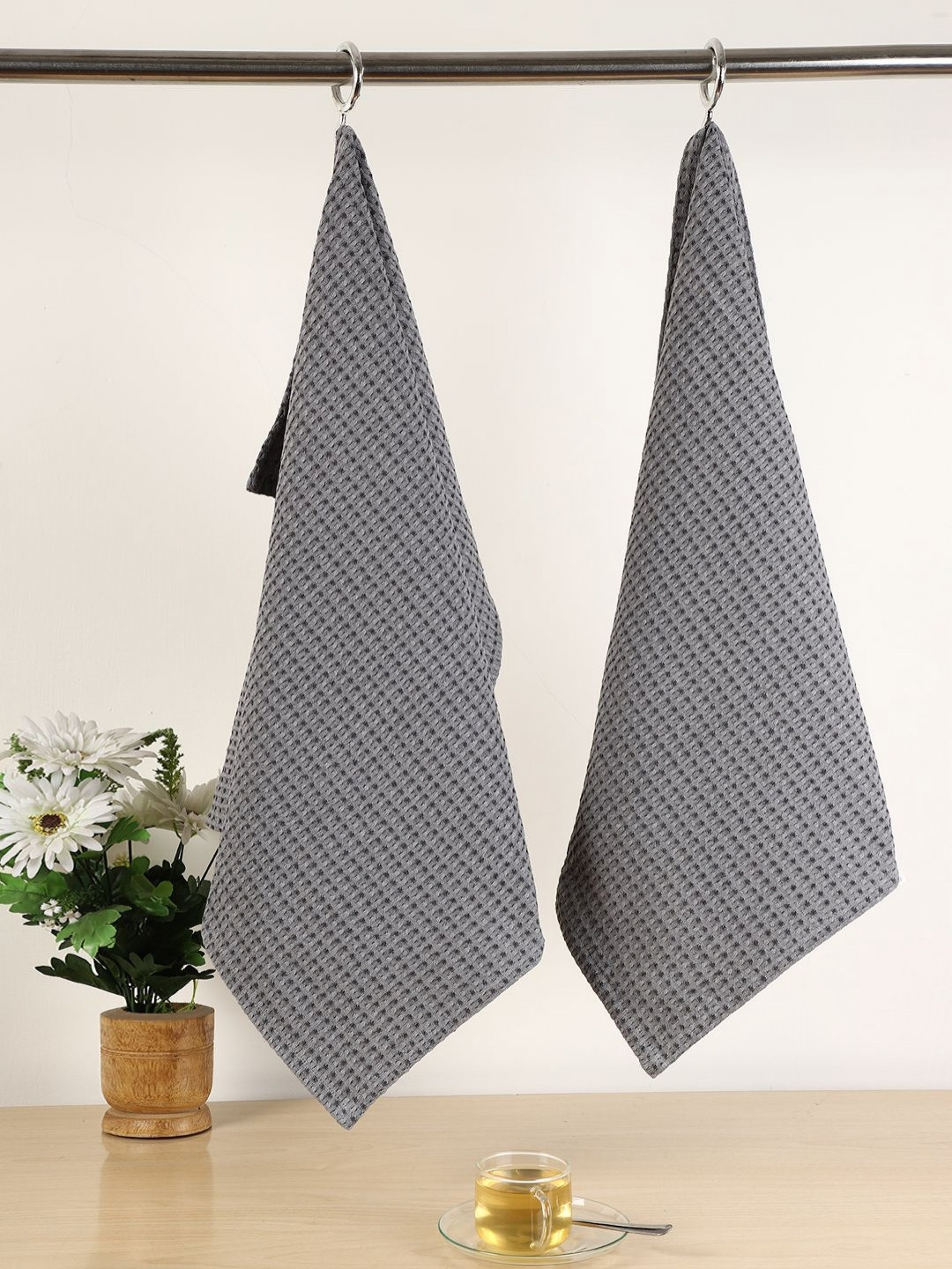 Jamio Firati Grey 2 Pieces Checked Pure Cotton Kitchen Towels