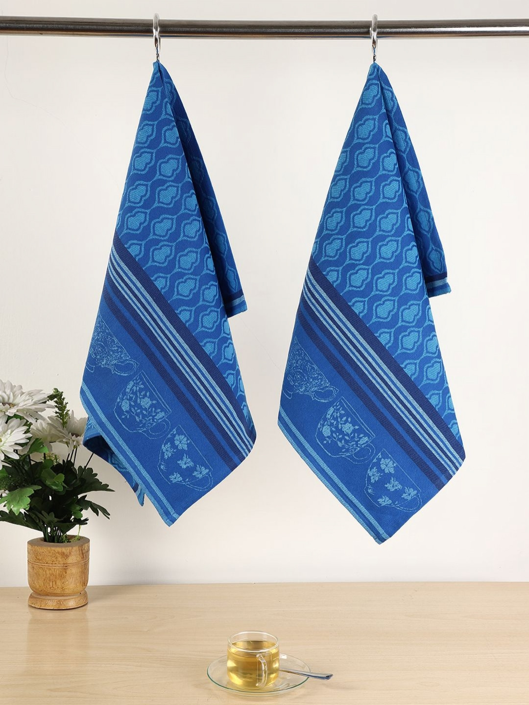 Jamio Firati Blue 2 Pieces Cup Desgin Printed Pure Cotton Kitchen Towels