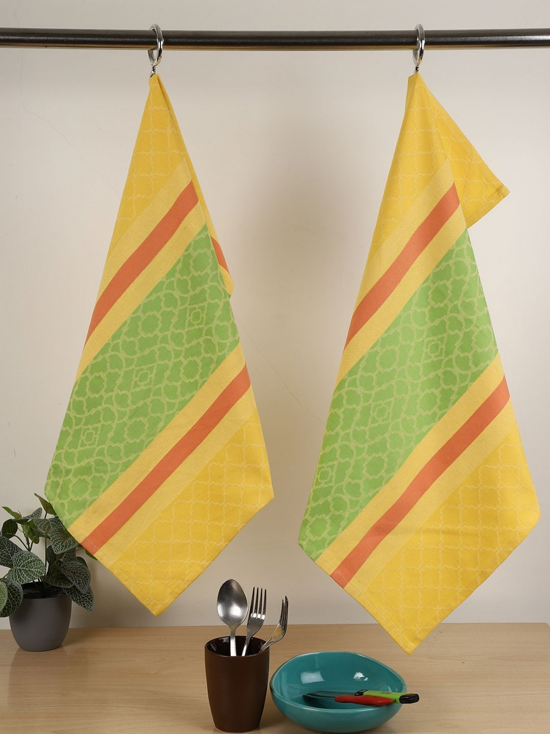 Jamio Firati Yellow & Green 2 Pieces Abstract Printed Pure Cotton Kitchen Towels