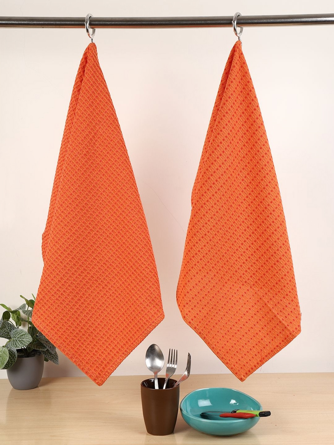 Jamio Firati Orange 2 Pieces Checked Pure Cotton Kitchen Towels