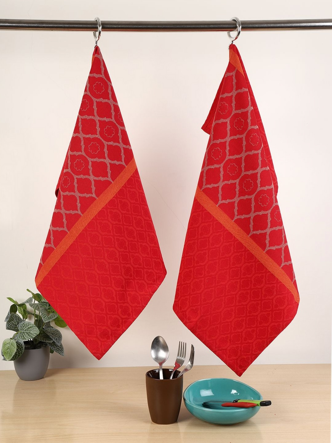 Jamio Firati Red 2 Pieces Abstract Printed Pure Cotton Kitchen Towels