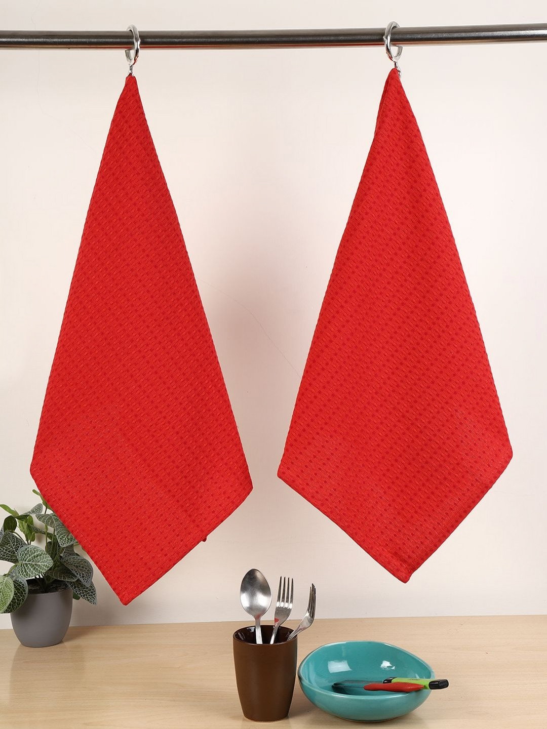 Jamio Firati Red 2 Pieces Self Design Pure Cotton Kitchen Towels