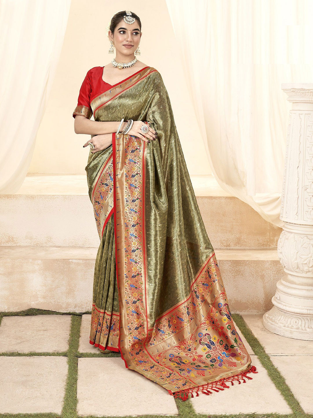 MAHALASA Woven Design Zari Tissue Paithani Saree