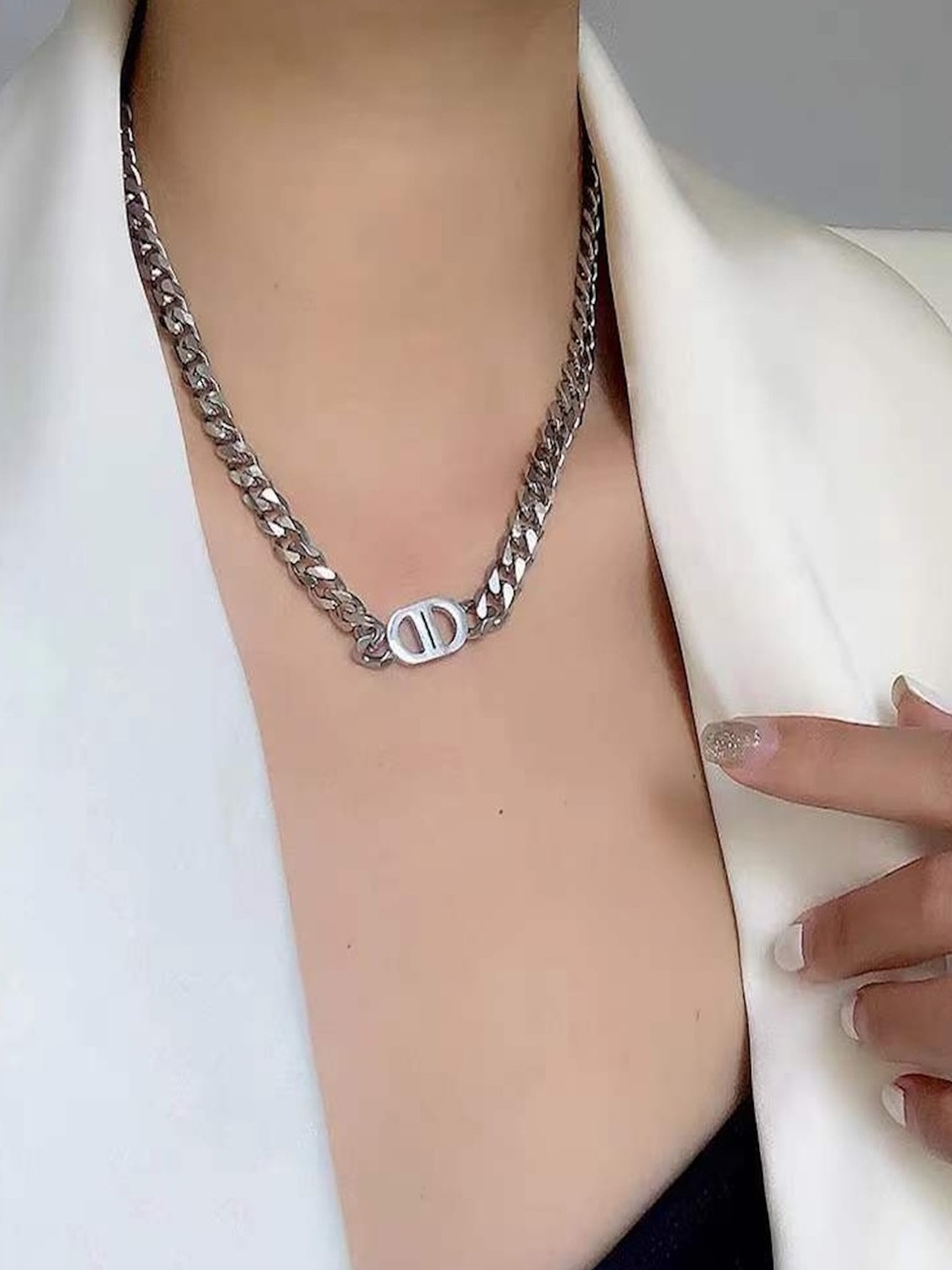 AQUASTREET 18K Rhodium Plated Waterproof Antitarnish Chain Link Necklace With Double D