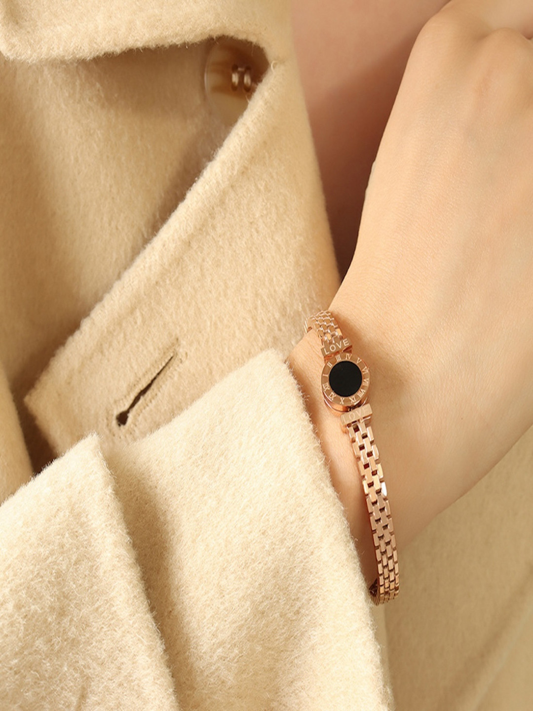 AQUASTREET 18K Rose Gold Plated Waterproof Antitarnish Roman Numeral Love Bangle Bracelet