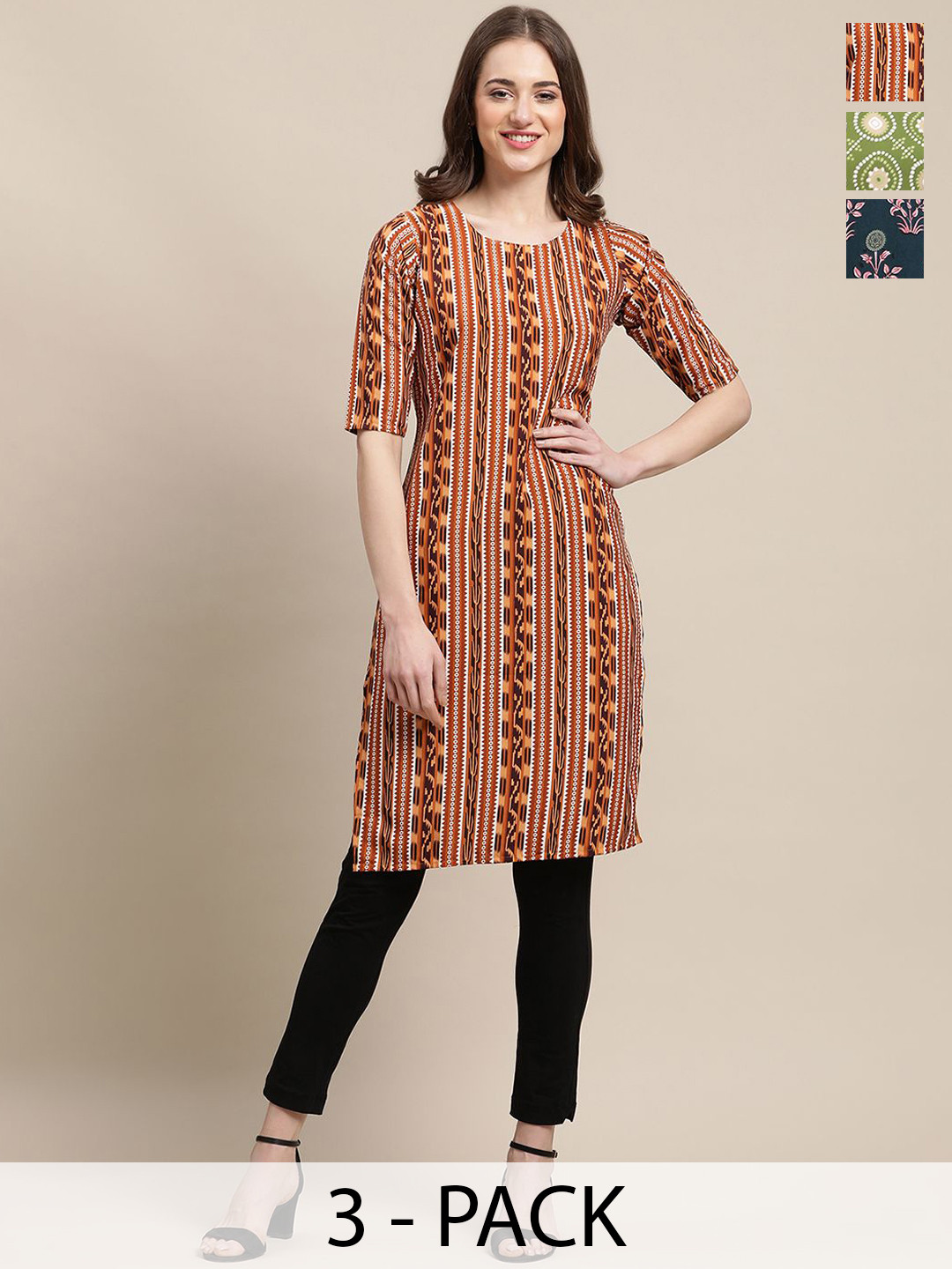 7Threads Set Of 3 Geometric Printed Round Neck Machine Weave Straight Kurta