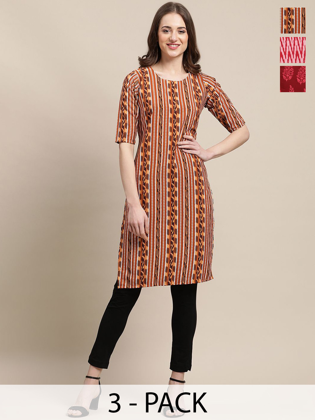 7Threads Set Of 3 Geometric Printed Round Neck Machine Weave Straight Kurta