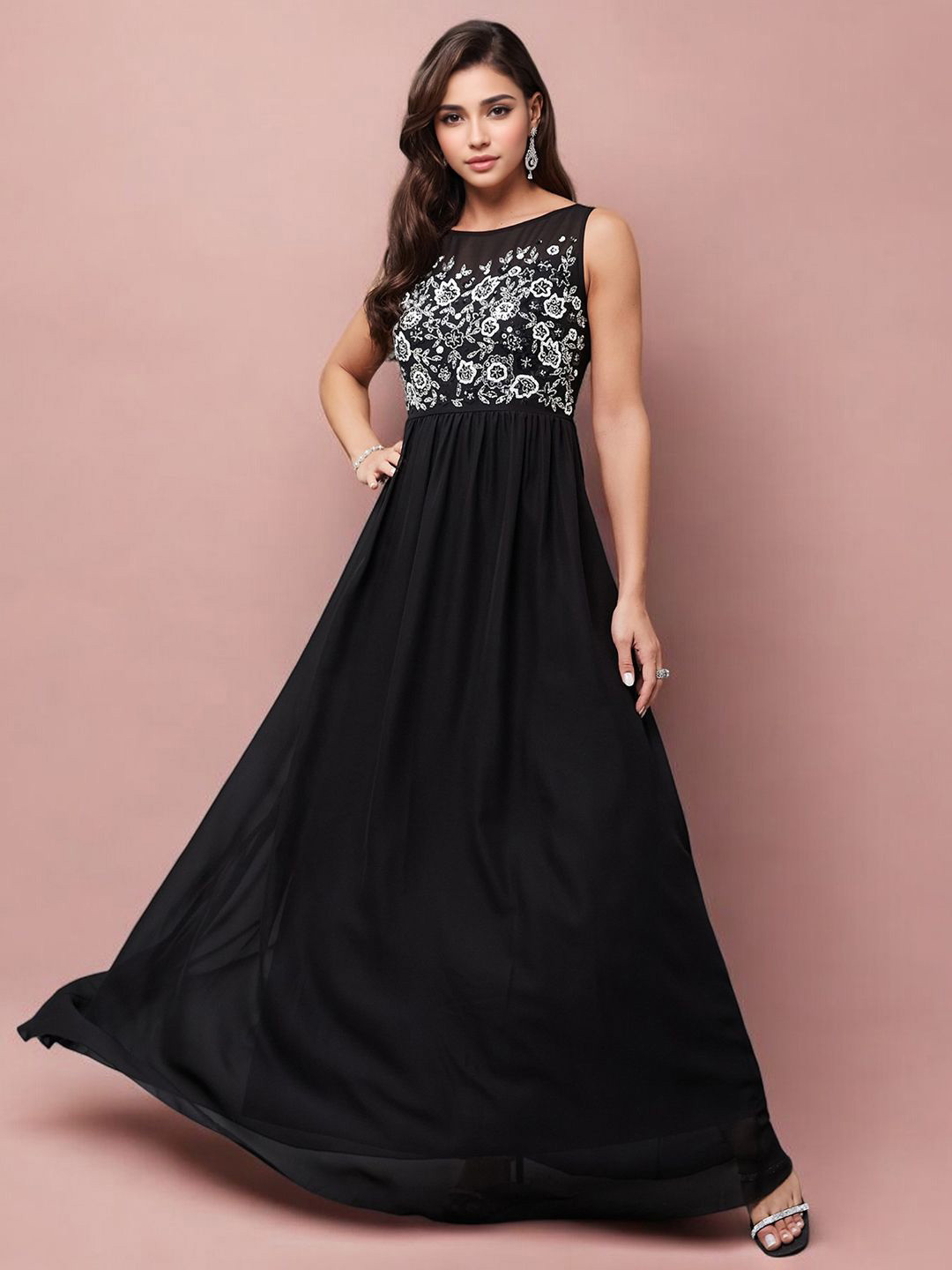 Miss Chase Women  Sequins Embroidered A-Line Dress
