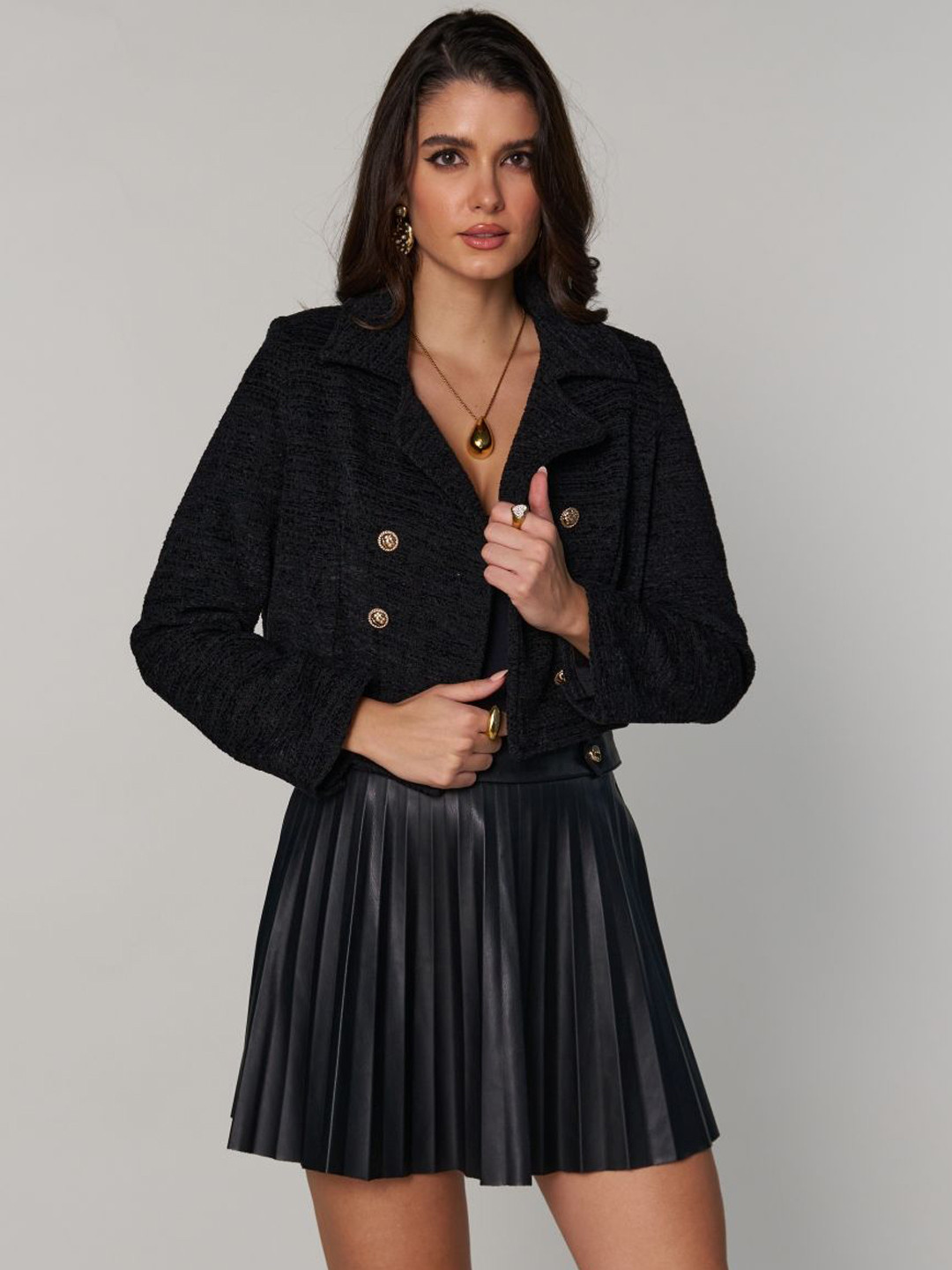 Style Island Women Spread Collar Self Design Woollen Casual Biker Lightweight Jacket