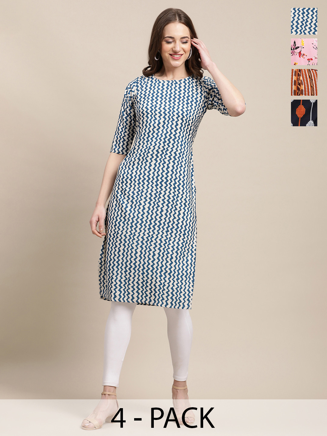 7Threads Selection of 4 Chevron Printed Round Neck Crepe Straight Kurtas
