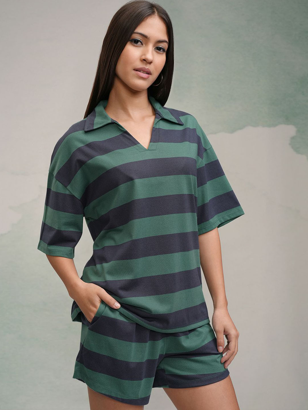 Tokyo Talkies Women Striped Polo Neck Crop Top Shorts Co-Ord Set