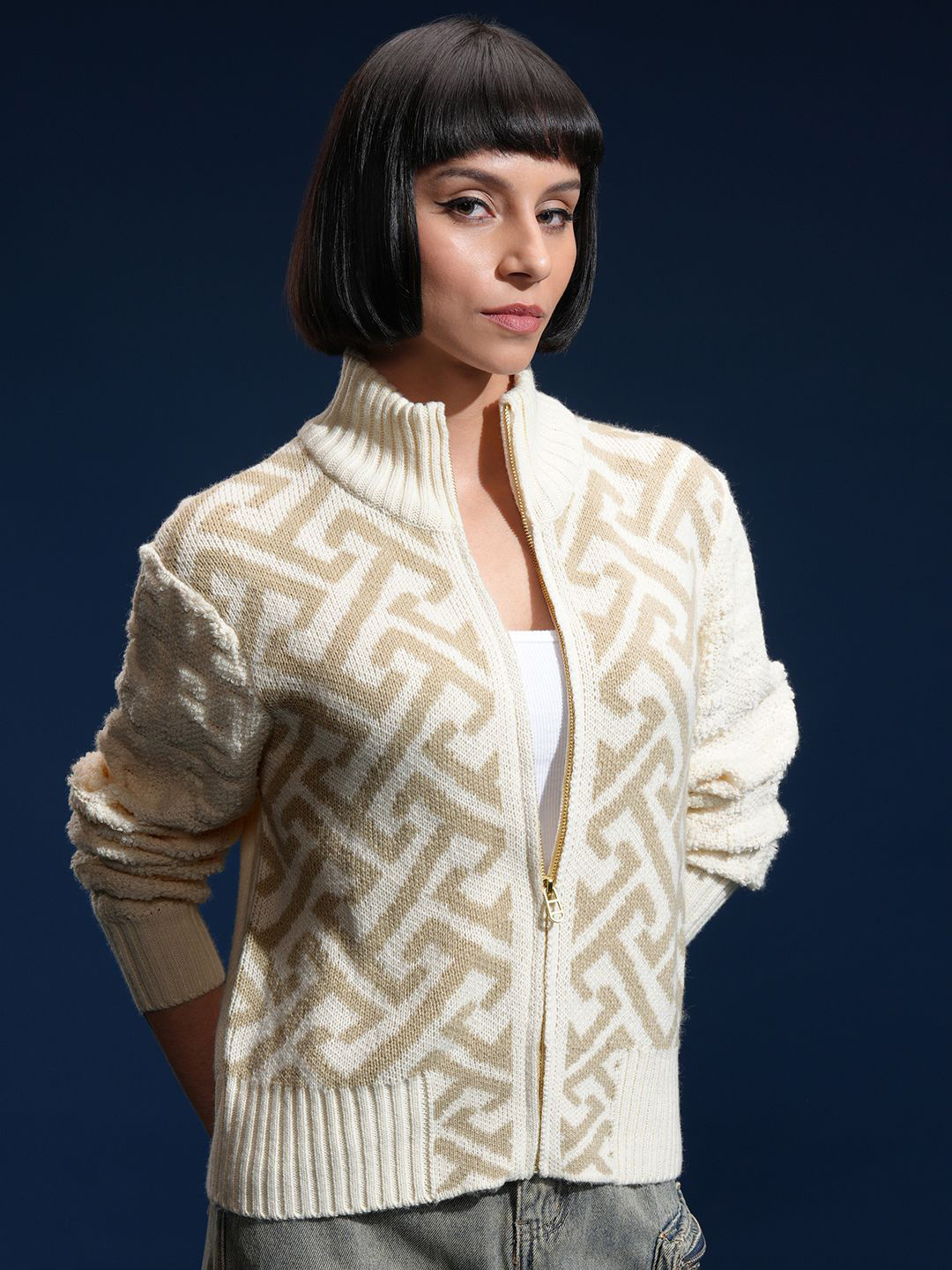 Tokyo Talkies Women Frount Open High Neck Sweater