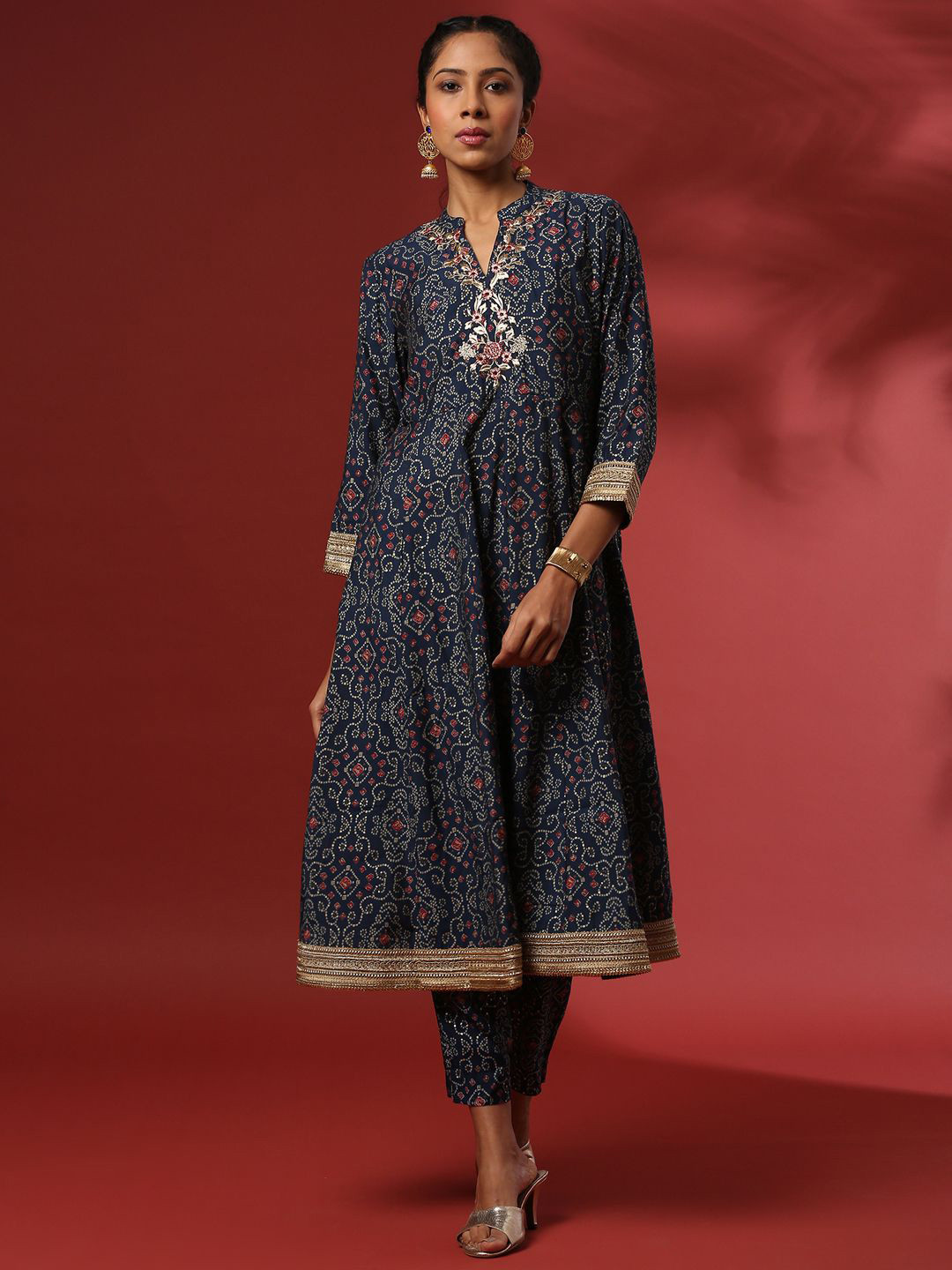 Abhishti Bandhani Printed Mandarin Collar Thread Work A-Line Kurta With Trousers