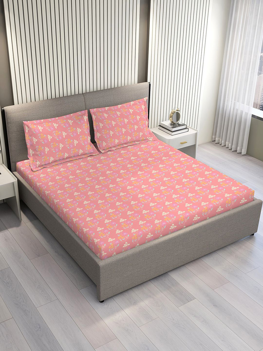 Layers Basicx Yellow Floral 120 TC Pure Cotton King Bedsheet Set-2.74 m x 2.74 m