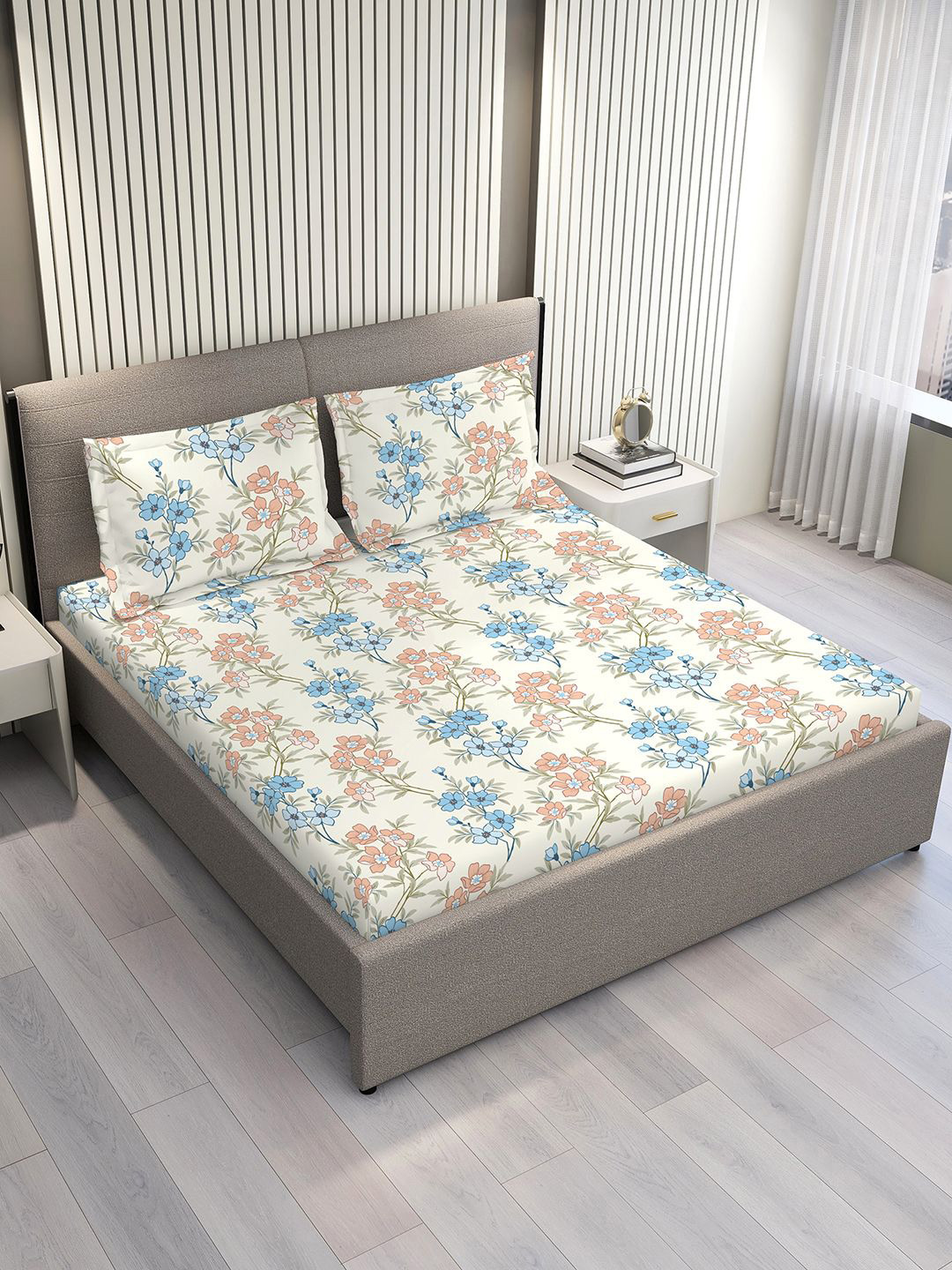 Layers Cream-Coloured & Blue Floral 120 TC Pure Cotton Queen Bedsheet Set-2.54 m x 2.24 m