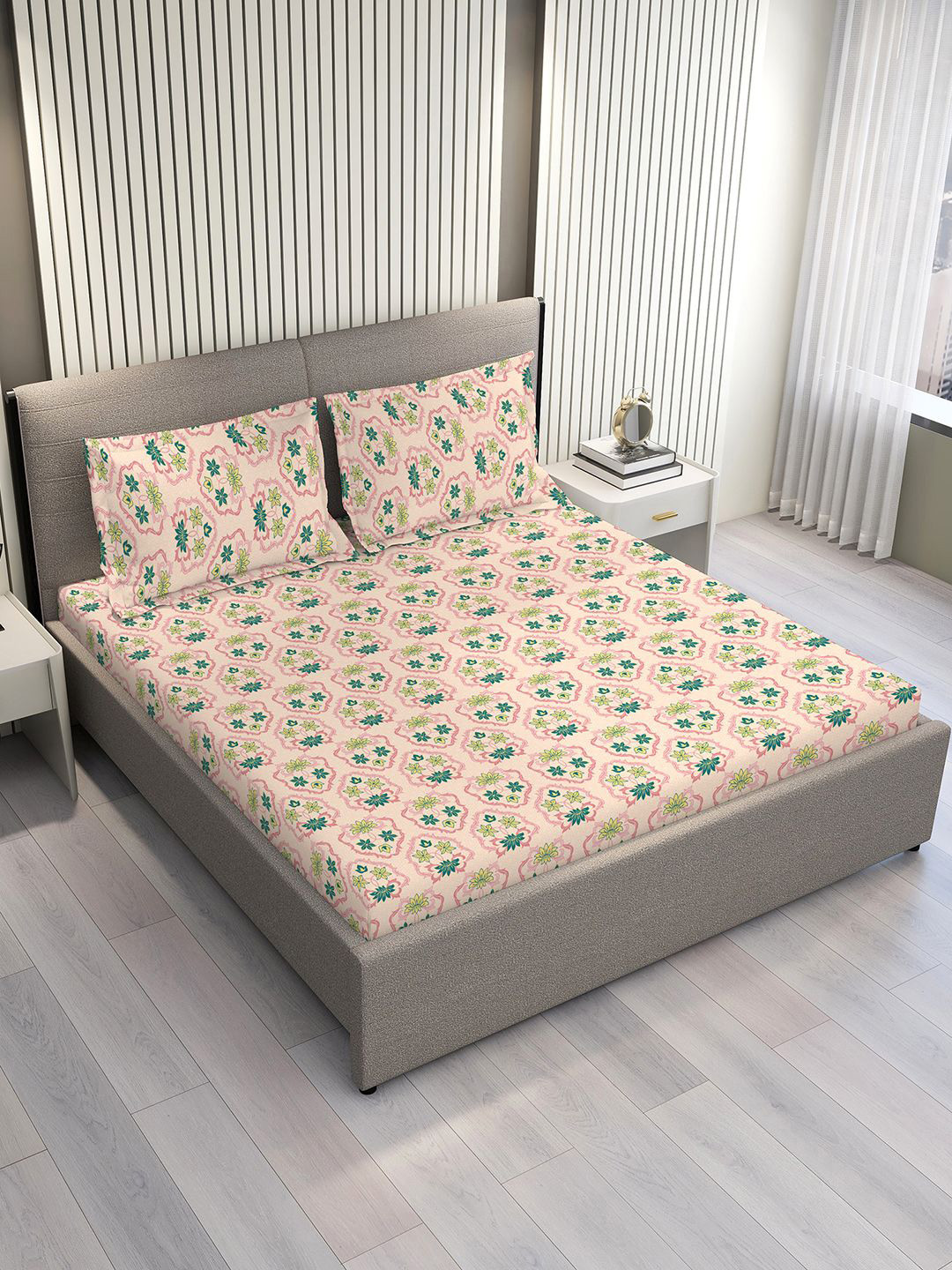 Layers Basicx Green Floral 120 TC Pure Cotton King Bedsheet Set-2.74 m x 2.74 m