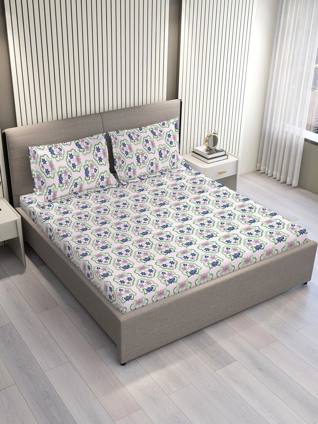 Layers Basicx Navy Blue Floral 120 TC Pure Cotton Queen Bedsheet Set-2.54 m x 2.24 m
