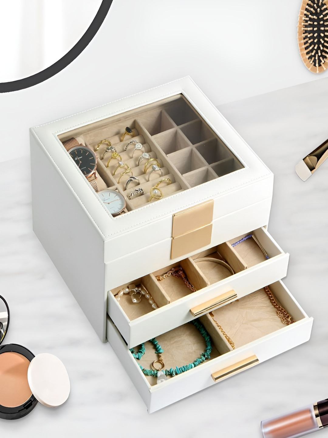 KriShyam White 4 Layers Wardrobe Jewellery Organiser With 2 Drawers