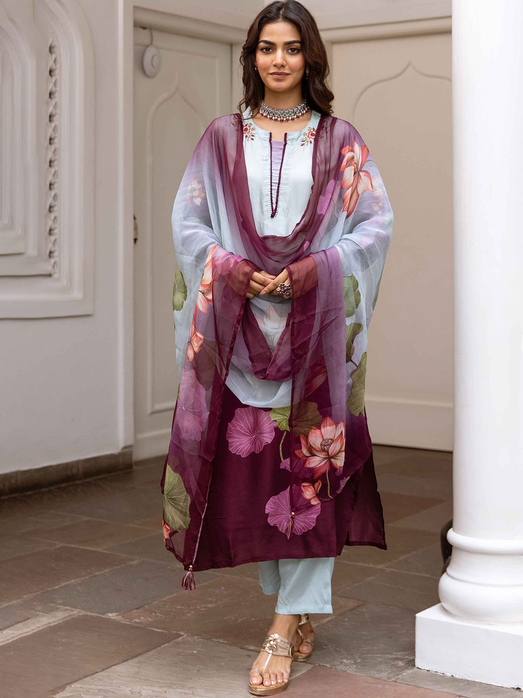 Nehamta Floral Printed Sequinned Notch Neck Straight Kurta With Trouser And Dupatta