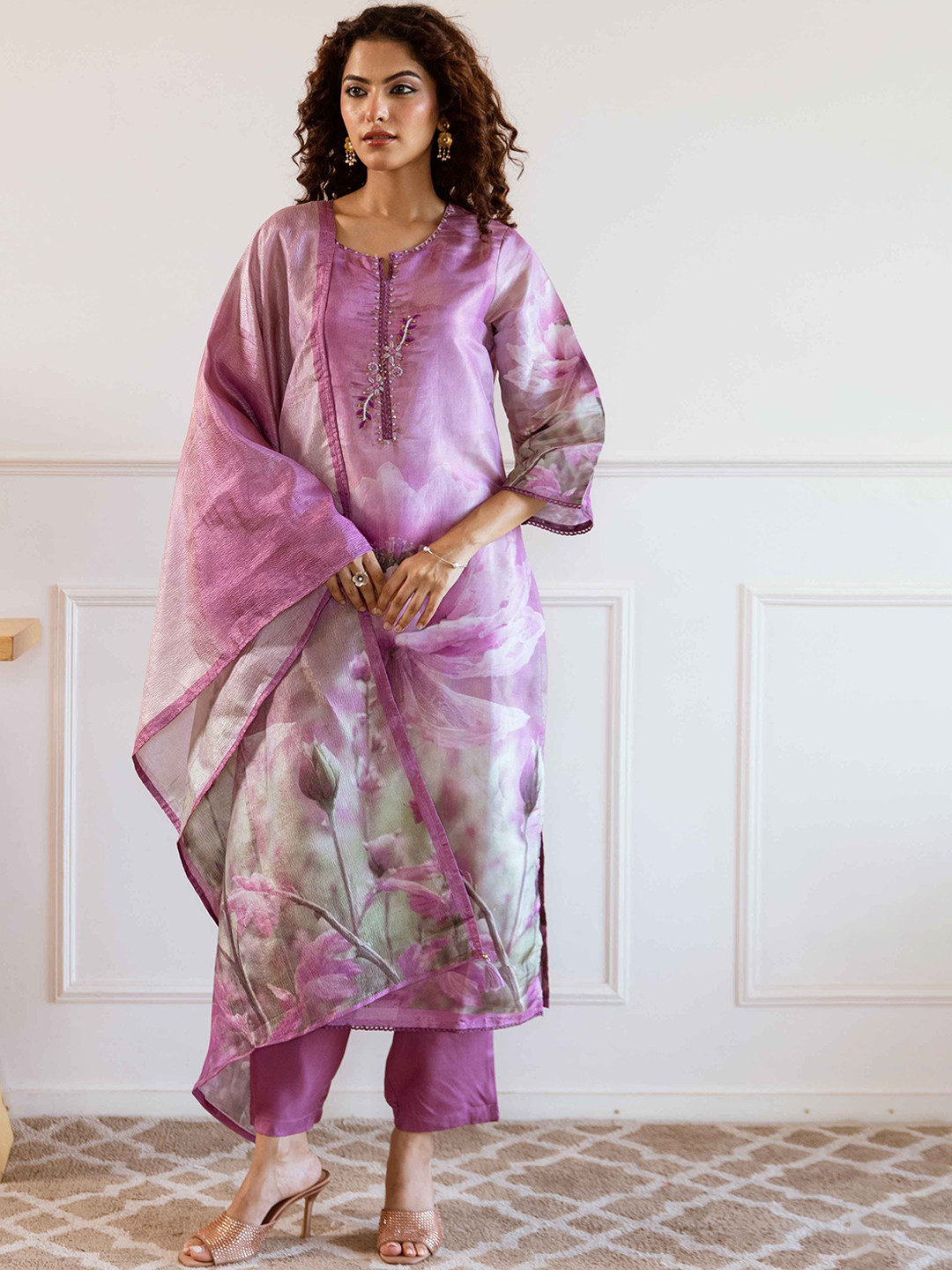 Nehamta Floral Printed Sequinned Tussar Silk Straight Kurta With Pant And Dupatta