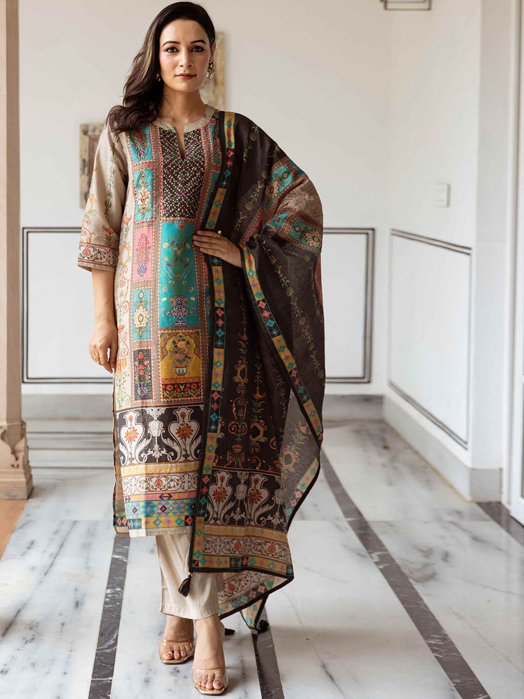 Nehamta Floral Printed Sequinned Tissue Silk Straight Kurta With Trouser And Dupatta