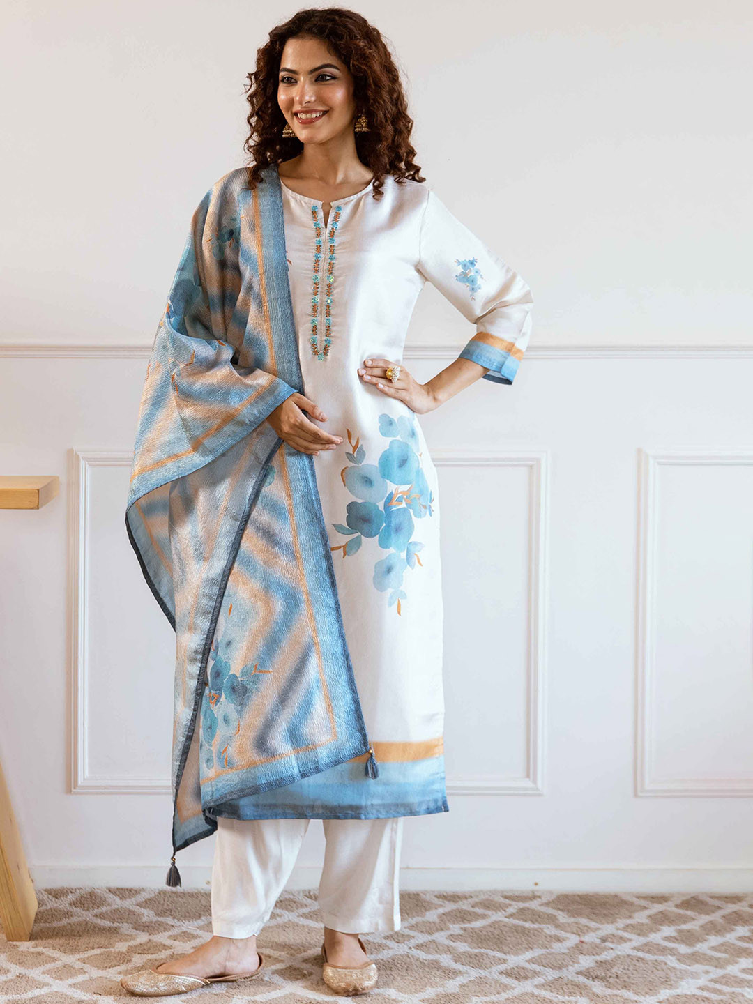 Nehamta Floral Printed Tissue Silk Straight Kurta with Trousers & Dupatta