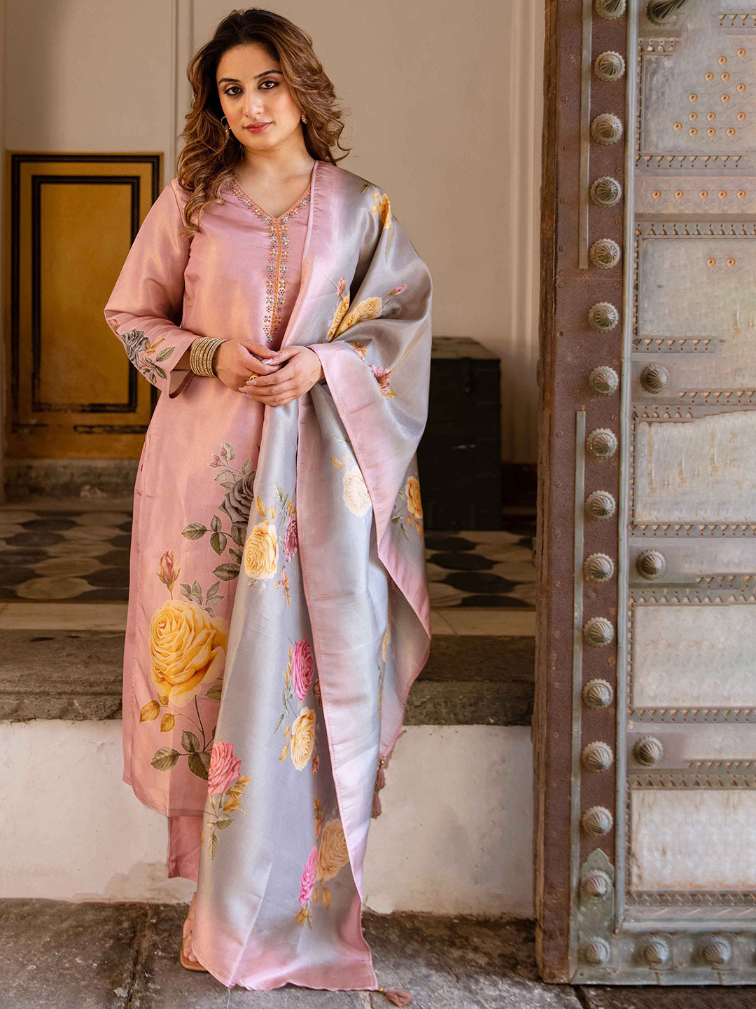 Nehamta Floral Printed Sequinned Tissue Silk Straight Kurta With Trouser And Dupatta