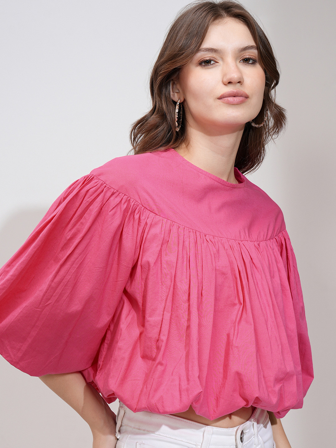 Tokyo Talkies Women Solid Fla Crop Pleated Top