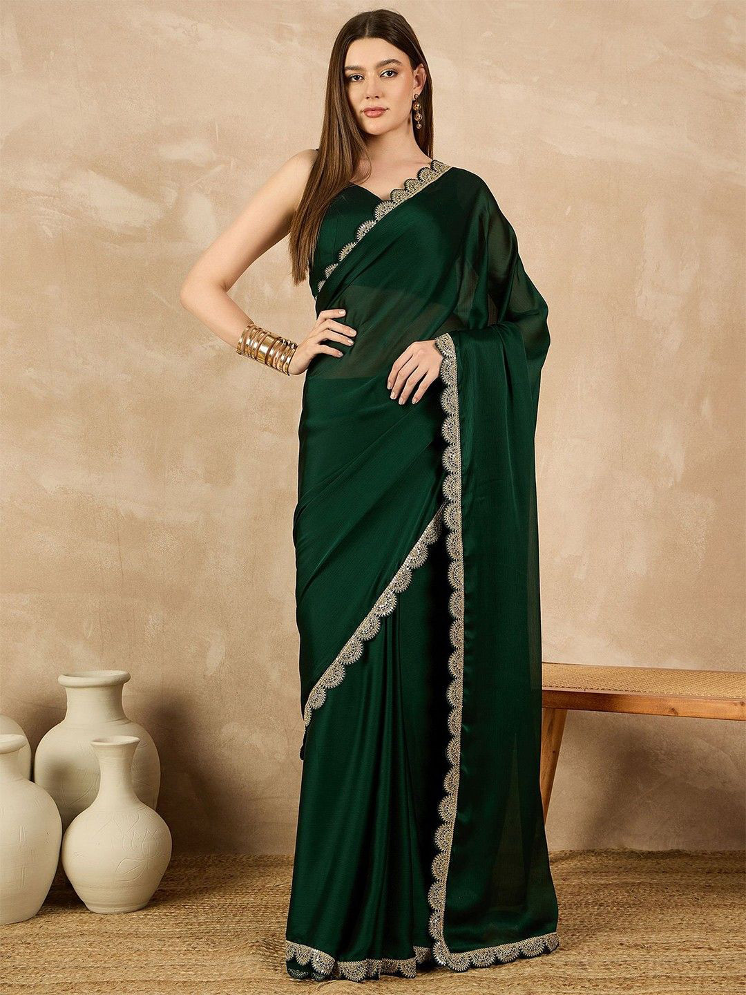 PHORIA STYLE Embroidered Satin Saree With Blouse Piece