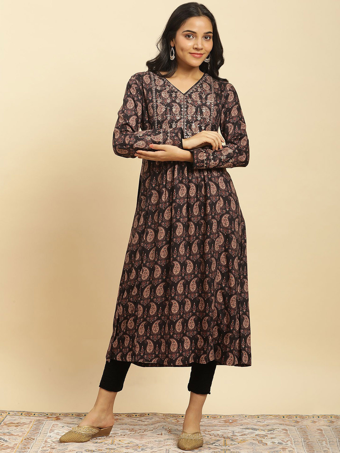 W Black Paisley Printed V-Neck Sequinned Machine Weave A-Line Kurta