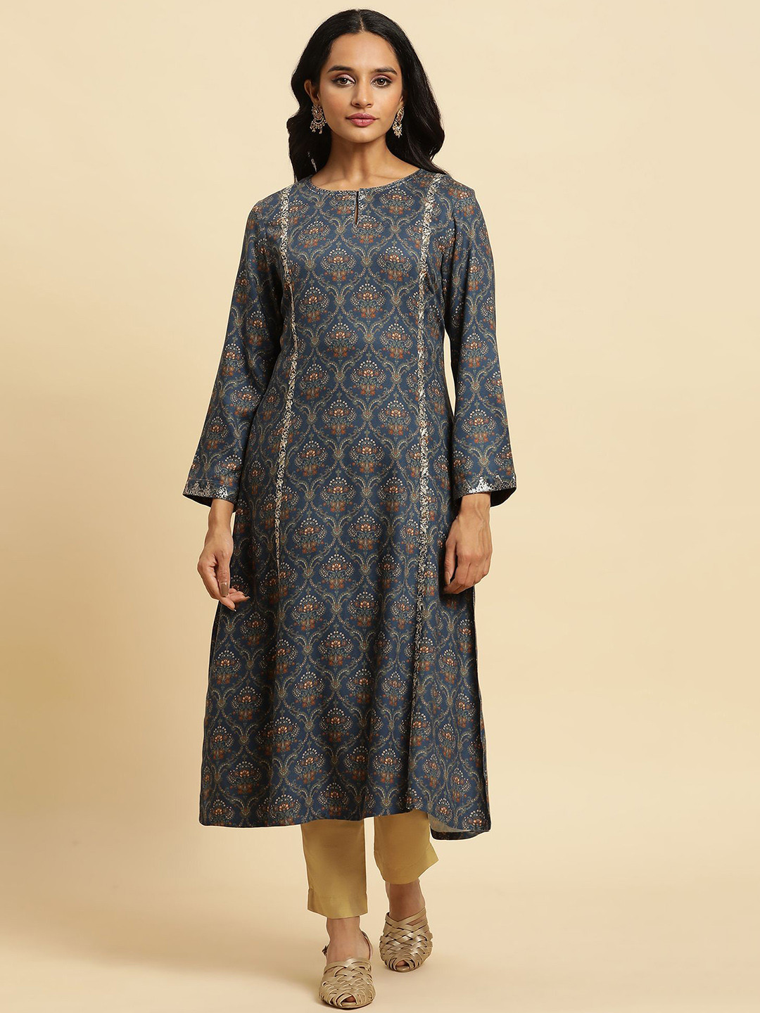 W Blue Floral Printed Keyhole Neck Bell Sleeves Panelled Thread Work Machine Weave Kurta