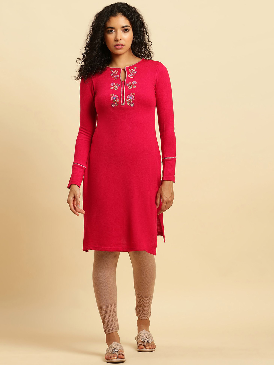 W Magenta Floral Embroidered Keyhole Neck Knitted Straight Kurta