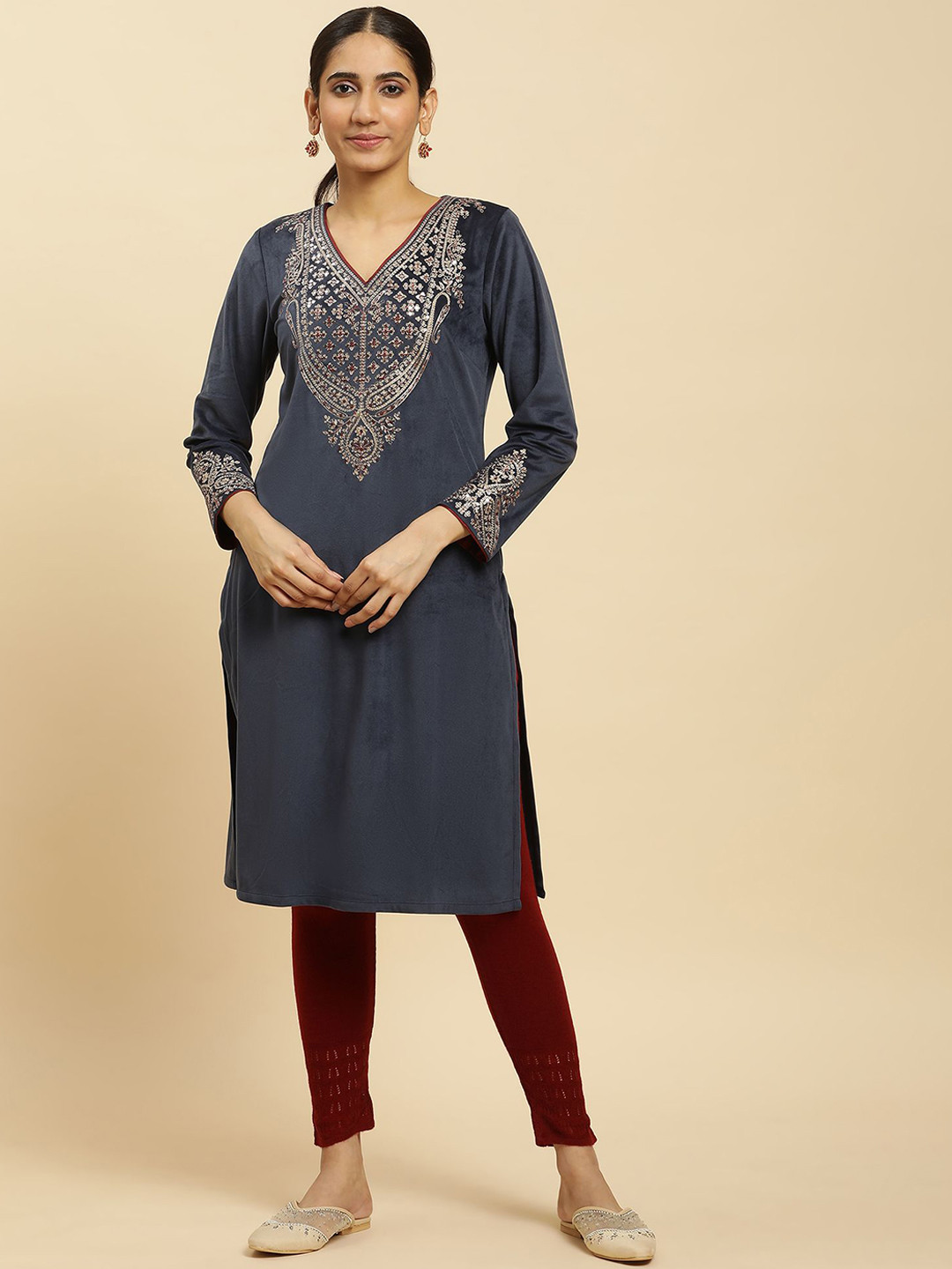 W Blue Paisley Embroidered V-Neck Sequinned Machine Weave Straight Kurta