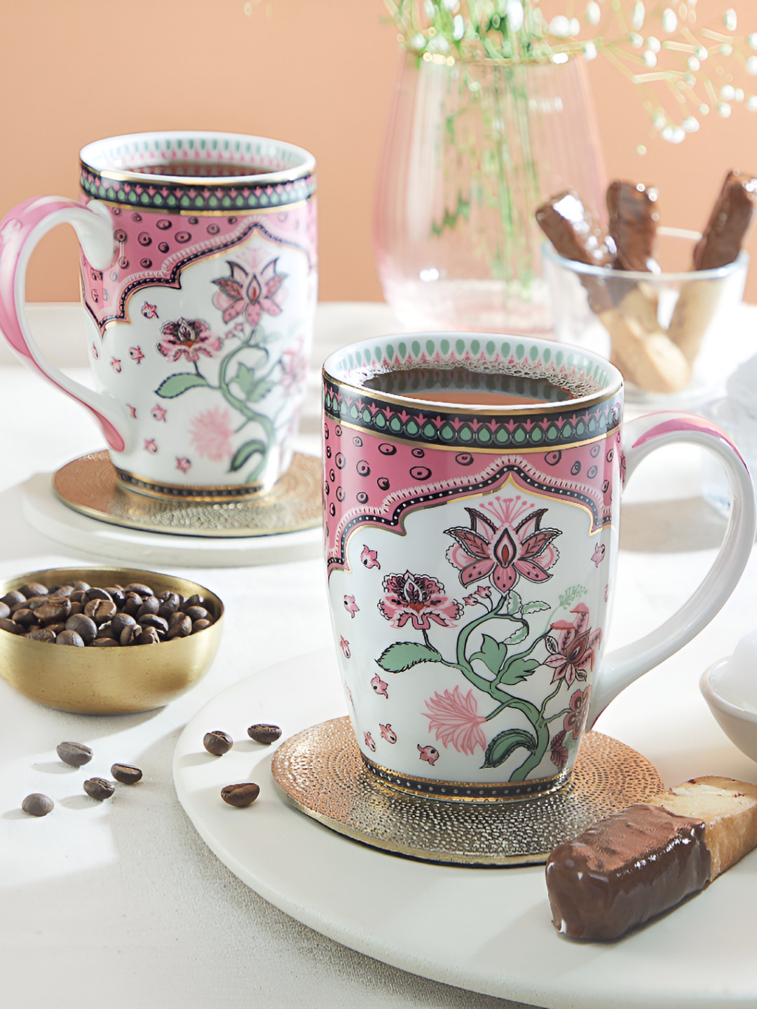 Cello Tierra White & Green 2 Pieces Floral Printed Porcelain Glossy Mugs 300 ml each