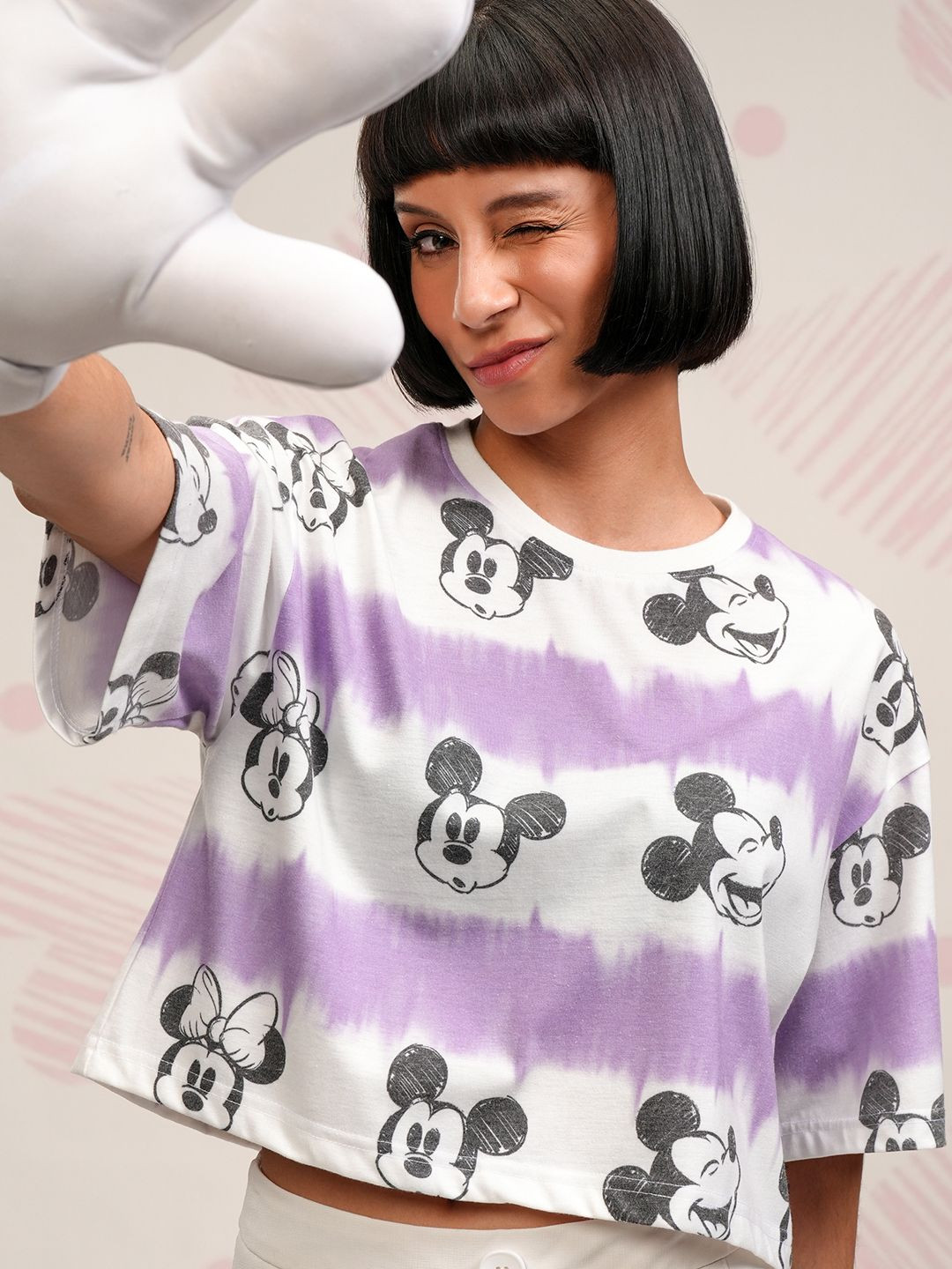 Tokyo Talkies Disney Women Lavender Mickey & Minnie Boxy Fit Cropped Tshirt