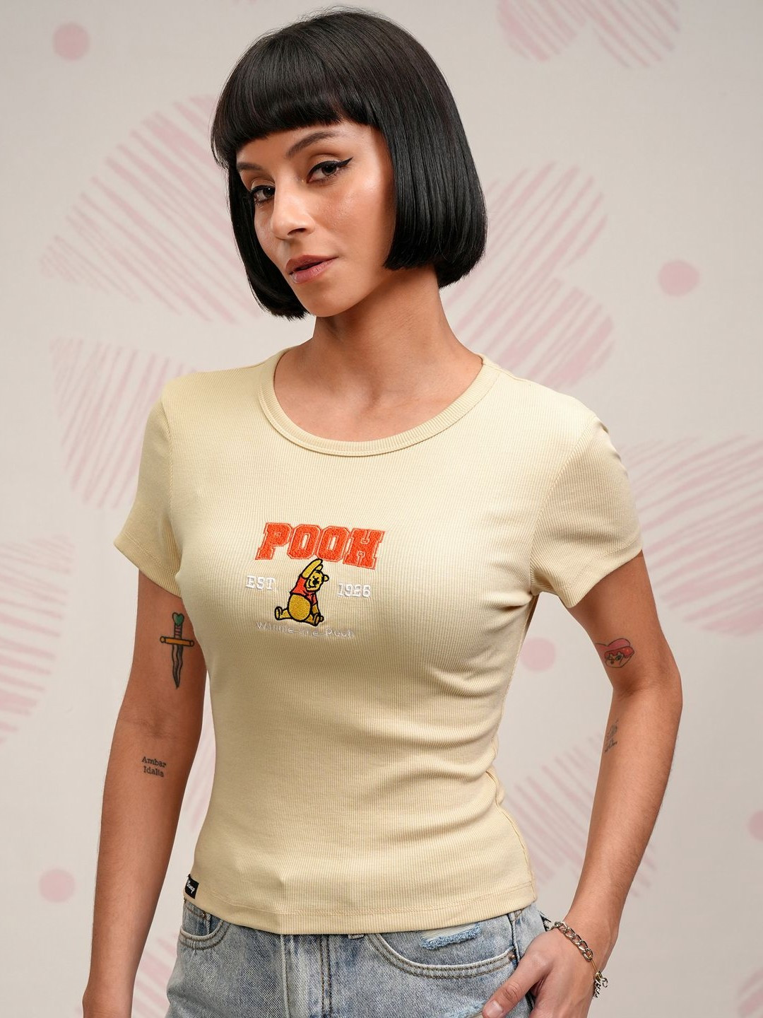 Tokyo Talkies Women Typography Printed Round Neck Cotton Winnie The Pooh Tshirt