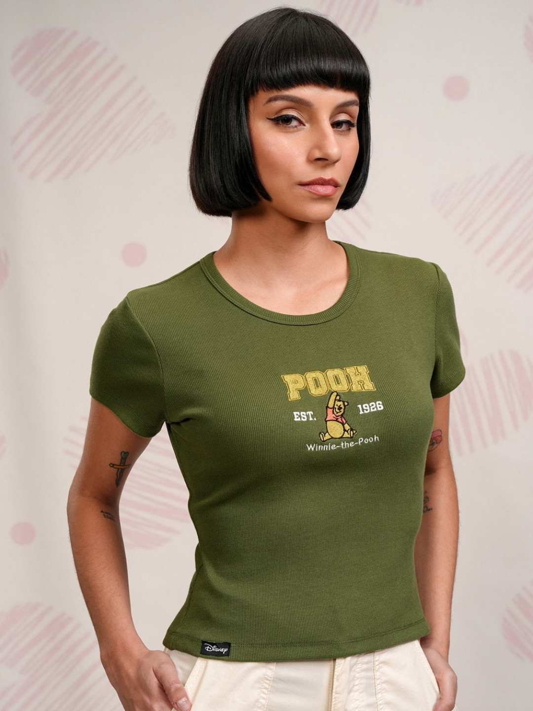 Tokyo Talkies Disney Women Winnie The Pooh Embroidered Rib Tshirt
