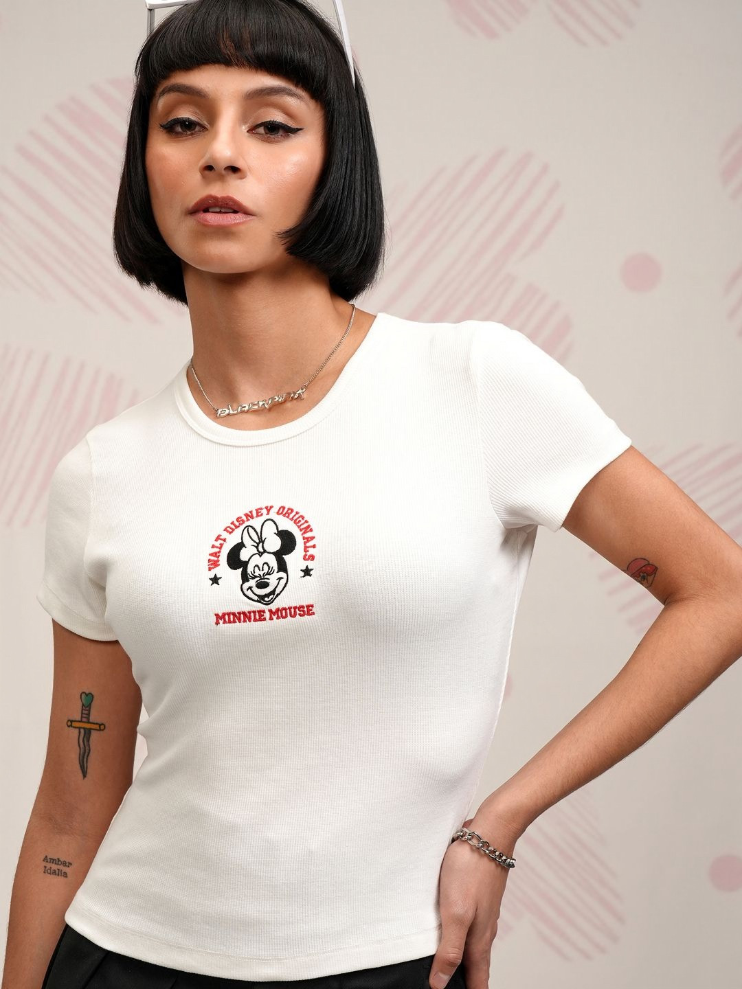 Tokyo Talkies Disney Women Minnie Mouse Embroidered Rib T-shirt