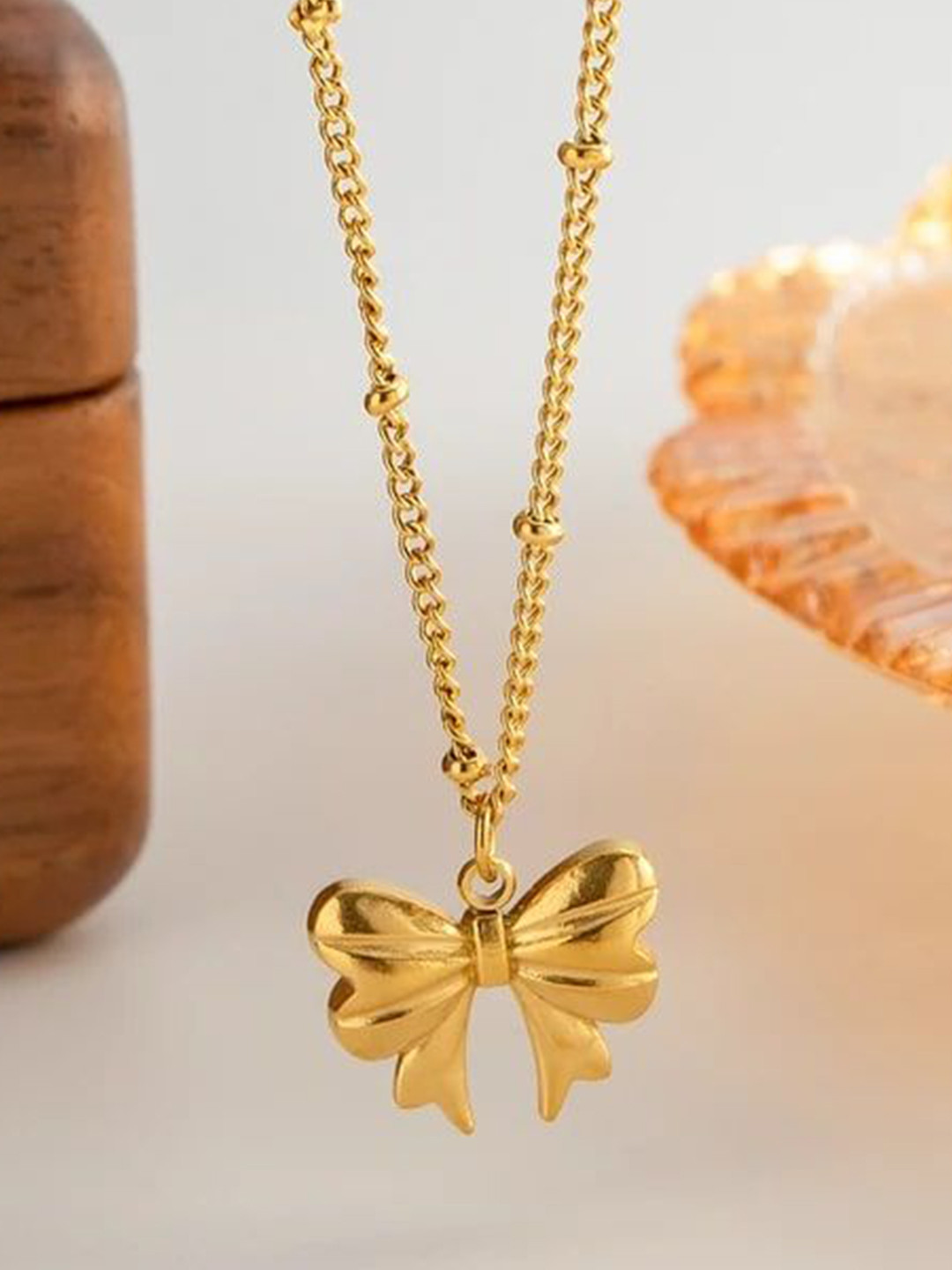 JEWILLEY Gold-Plated Stainless Steel Anti-Tarnish Charm Bow Knot Pendant with Chain