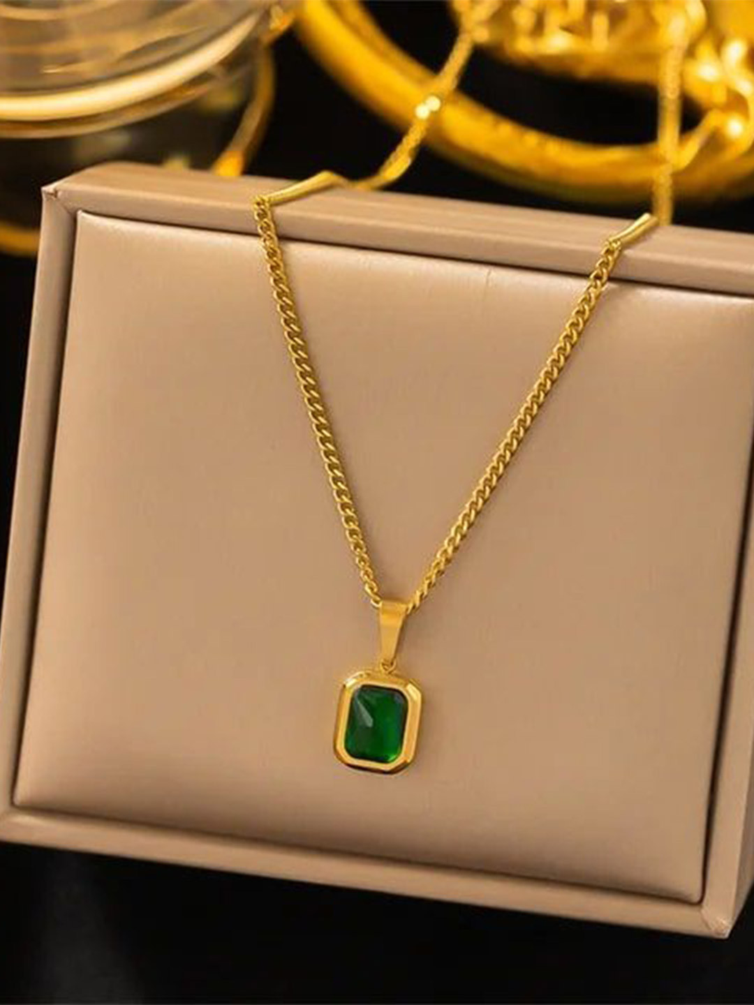 JEWILLEY Gold-Plated Stainless Steel Emerald Studded Anti-Tarnish Square Pendant & Chain