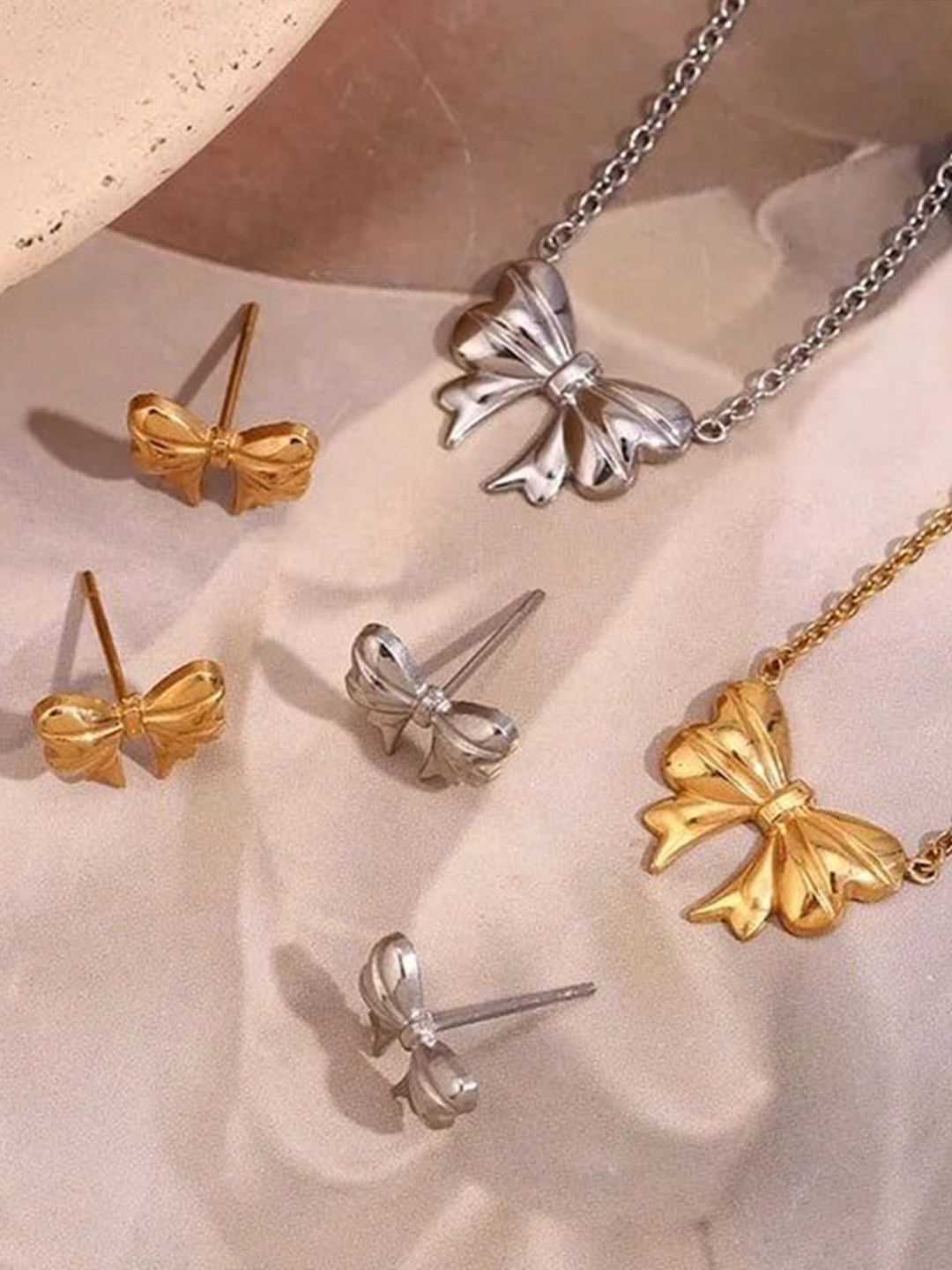 JEWILLEY Gold Plated Anti-Tarnish Charm Bow-Knot Stainless Steel Pendant and Earrings