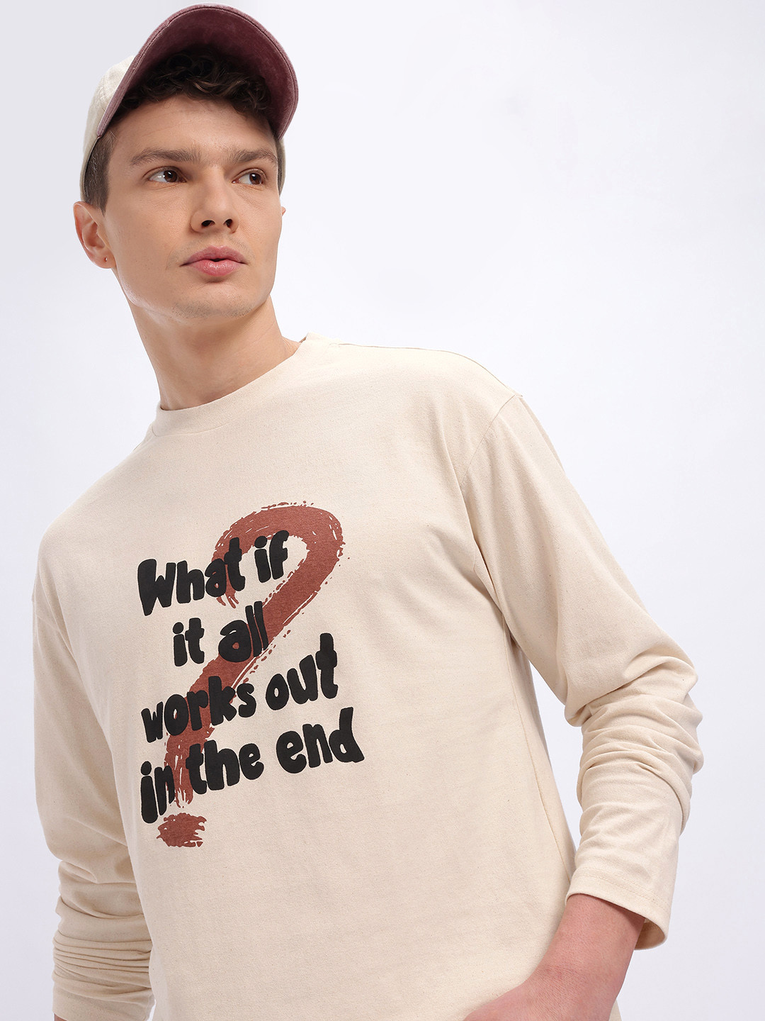 Beige Typography Printed Relaxed Fit T-shirt