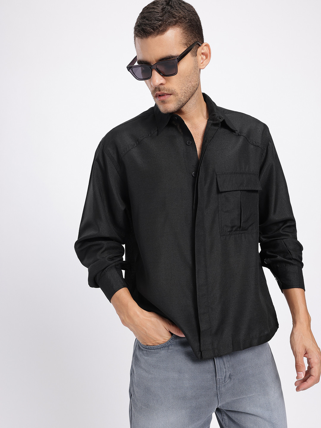 glitchez Chest Pocket Detail Loose Fit Casual Shirt