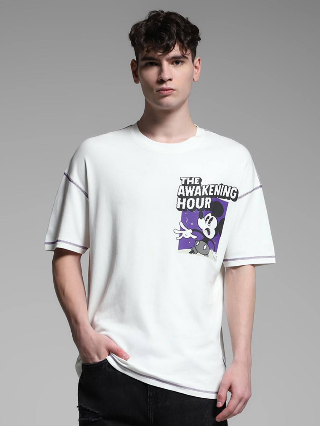 Jack & Jones Men Typography Printed Round Neck Cotton Oversized Mickey Mouse T-shirt