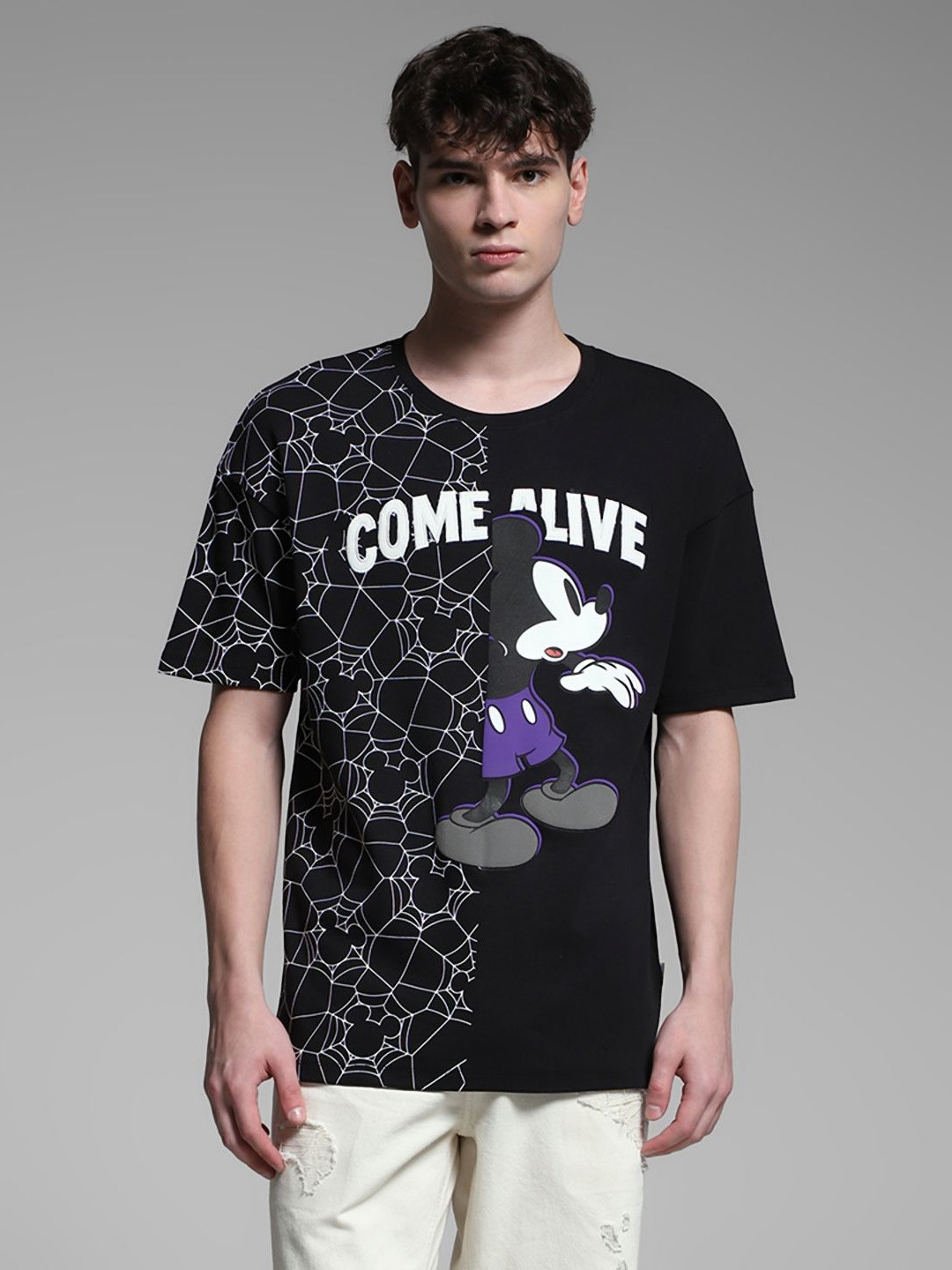 Jack & Jones Men Typography Printed Round Neck Cotton Oversized Mickey Mouse T-shirt