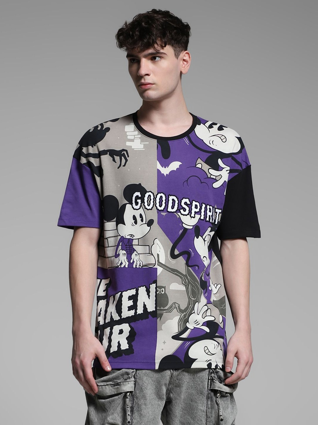 Jack & Jones Men Typography Printed Round Neck Cotton Oversized Mickey & Friends T-shirt