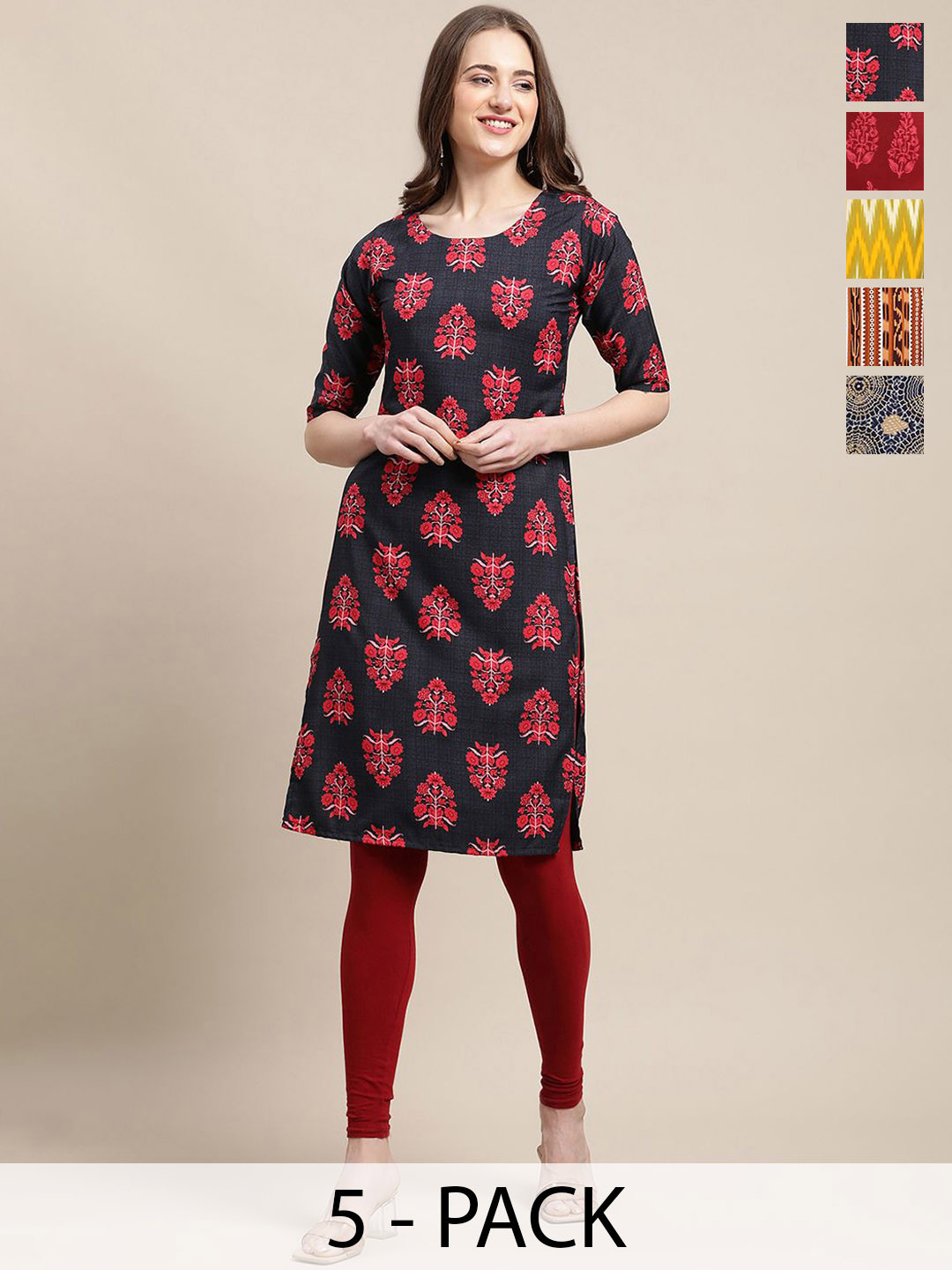 7Threads Set Of 5 Floral Printed Round Neck Regular Sleeves Machine Weave Straight Kurta