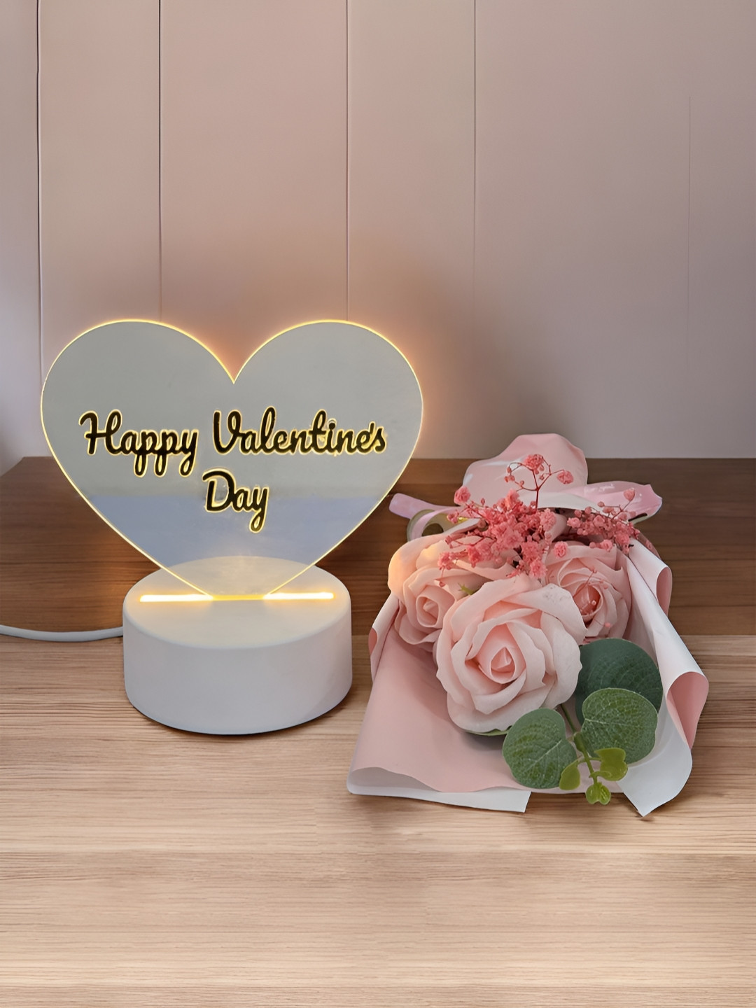 Art Street Pink & White Valentine Shape LED Table Lamp With 3 Pink Roses