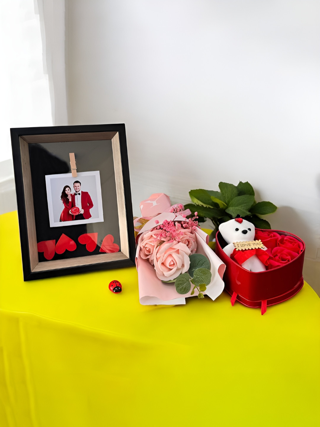 Art Street Pink & White 3 Pieces Photo Frame With 3 Pink Rose & Teddy With Red Roses