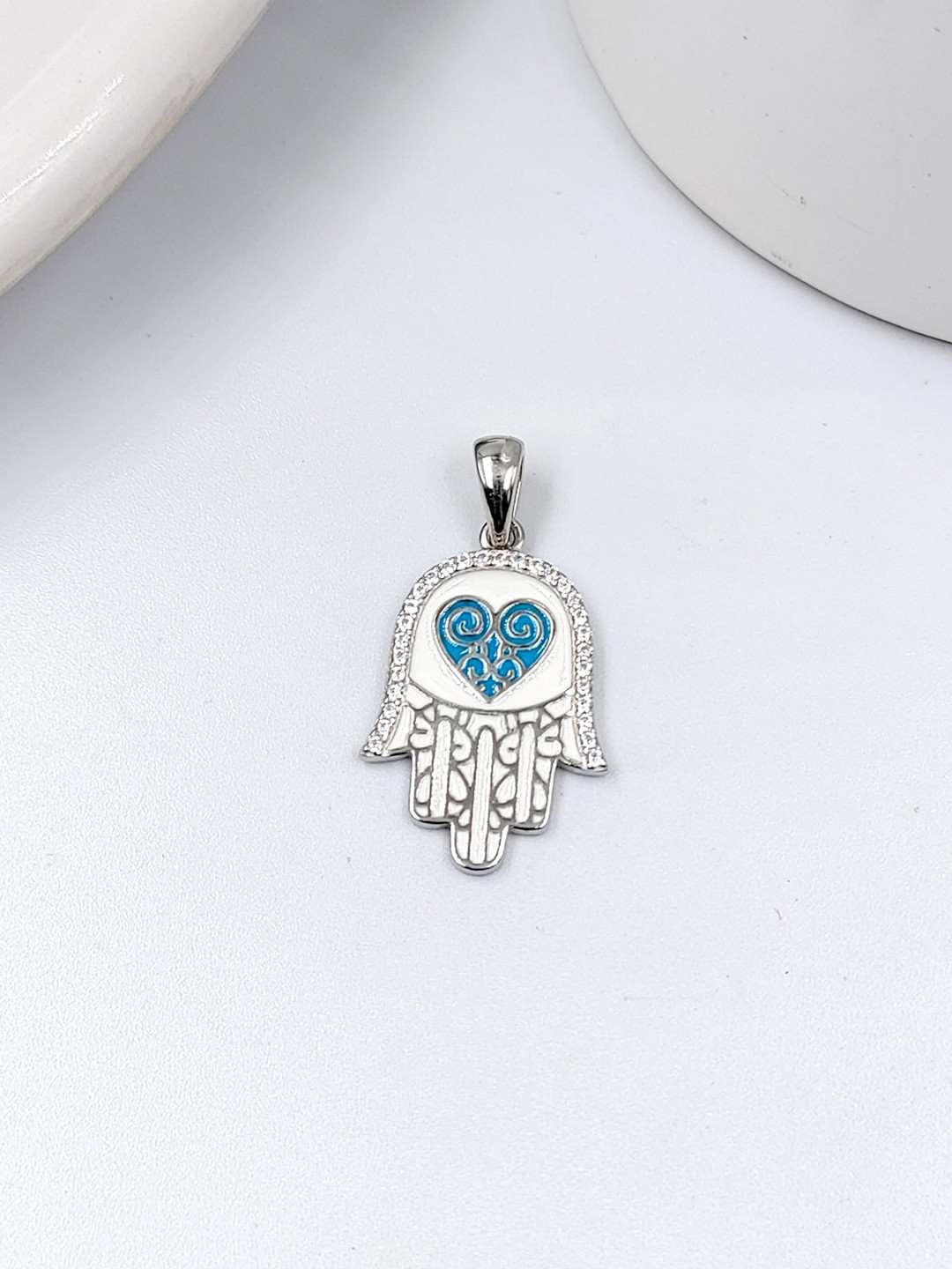AMONROO 925 Sterling Silver Rhodium-Plated Enamelled CZ Studded Hamsa Hand Sign Pendant